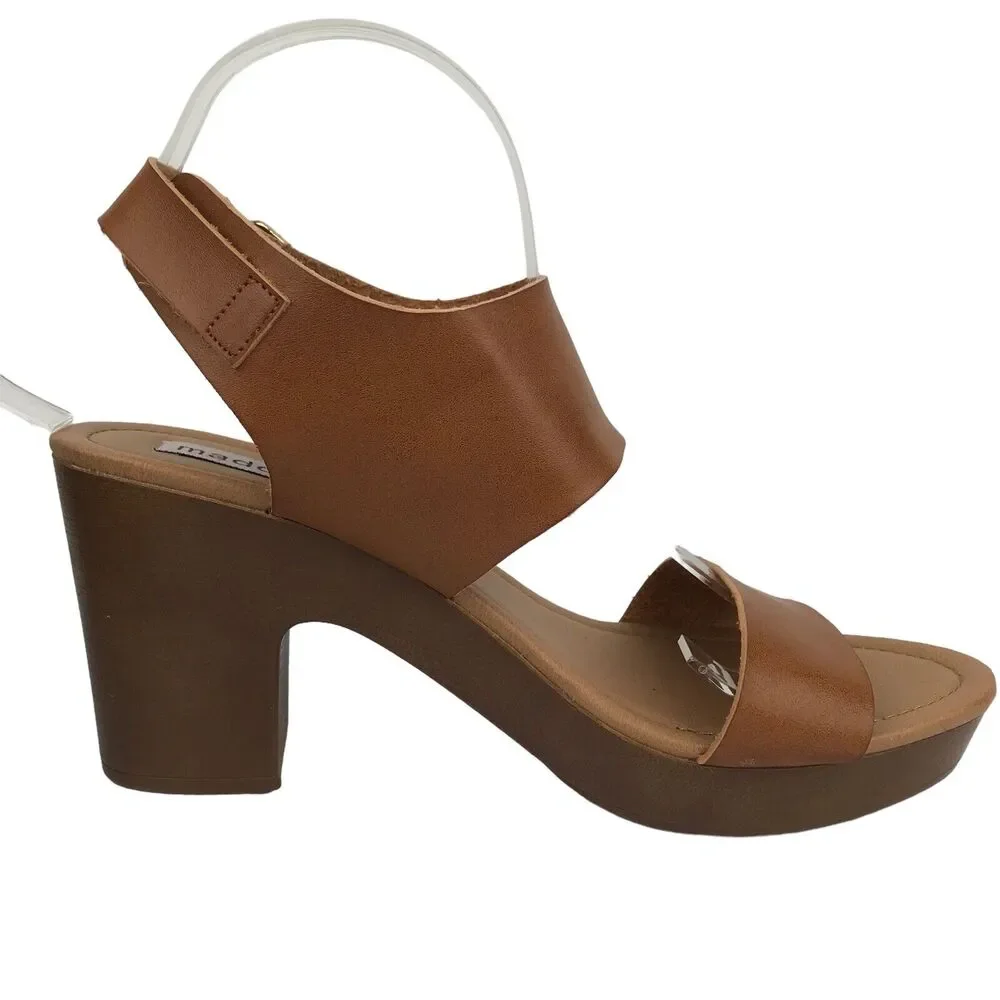 Madden Girl Platform Sandals Block Heel Brown Faux Leather Wood Look Retro Sz 10